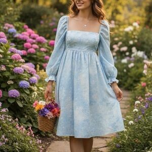 Storia Light Blue Floral Dress with Puff Sleeves